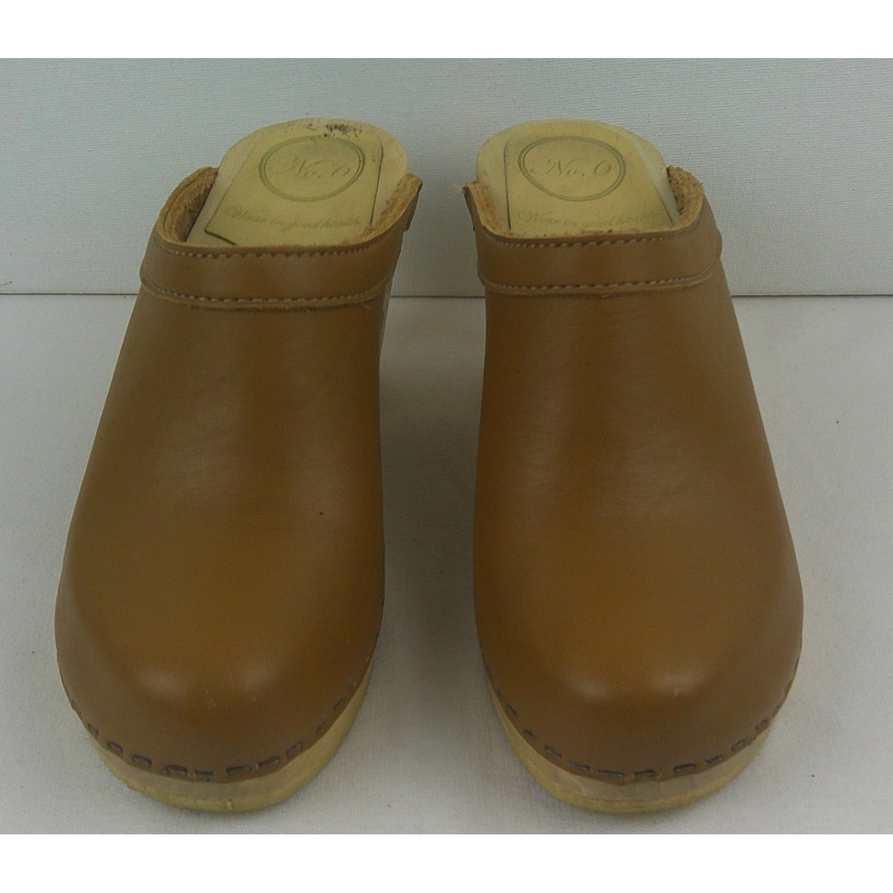 No 6 Store Leather High Heel Clog Mule Shoes Tan Wood Base Womens Size 36 US 6
